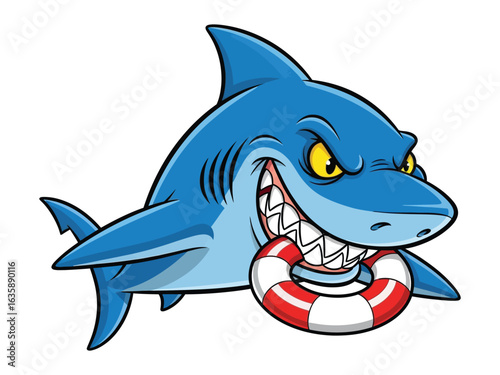 Menacing Shark with Ring: An intimidating animated shark, complete with sharp teeth and glaring eyes, playfully holds a life ring, a juxtaposition of danger and safety, perfect for storytelling.
