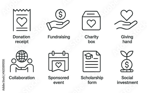 Corporate Philanthropy Icons. Outline vector icons of corporate philanthropy: donation receipt, fundraising