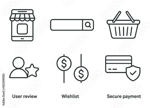 Online Shopping Icons. Outline vector icons of online shopping platforms: mobile app, search bar, wishlist,