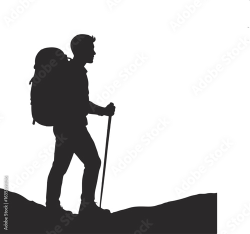 A silhouette of backpacker with mountain in background, adventure vector