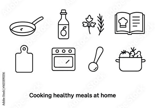 Home Cooking Essentials. Outline vector icons of cooking healthy meals at home: nonstick pan, olive oil bottle
