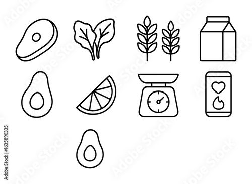 Balanced Diet Icons. Outline vector icons of balanced diet essentials: protein source, leafy greens, whole