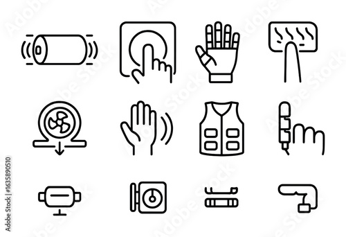 Haptic Feedback Icons. Outline vector icons of haptic feedback systems: vibration motor, tactile pad, force