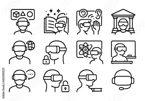 Educational VR Icons. Outline vector icons of educational VR experiences: subject module, interactive book,
