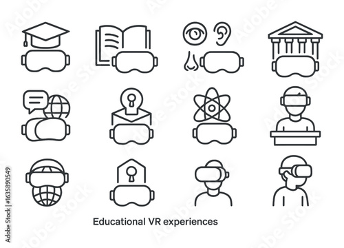 Educational VR Icons. Outline vector icons of educational VR experiences: subject module, interactive book,