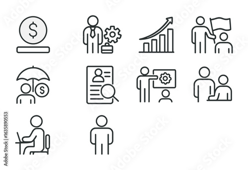 Labor Market Icons. Outline vector icons of labor market policy: minimum wage, job creation icon, employment