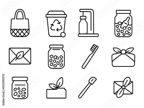Zero Waste Icons. Outline vector icons of zero waste lifestyle: reusable bag, compost bin, refill station,