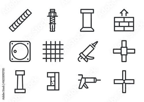 Structural Facade Icons. Outline vector icons of structural facade reinforcement: steel bar, anchor bolt,
