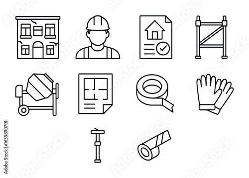 Urban Renovation Icons. Outline vector icons of urban renovation projects: old facade, construction worker,