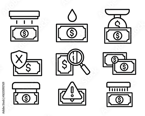 Currency Detection Icons. Outline icon set of currency recognition tools: UV light, watermark symbol, currency