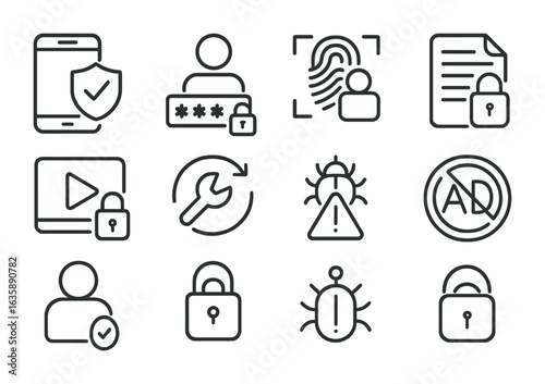 Entertainment App Security Icons. Outline icon set of entertainment app security: app shield, secure login,