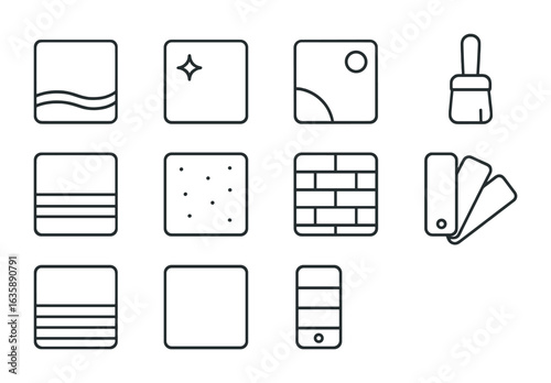 Paint Finish Icons. Outline icon set of modern paint finishes: matte coat, glossy layer, metallic paint, chalk