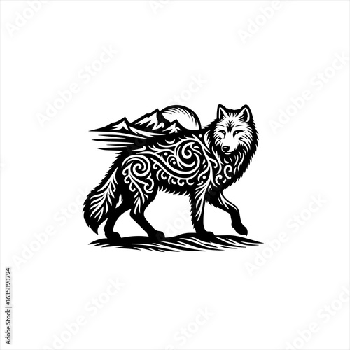 Wallpaper Mural Stylized wolf with mountain and swirls design Torontodigital.ca