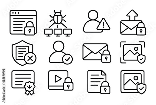 Social Media Security Icons. Outline icon set of social media content protection: post lock, DDoS icon,