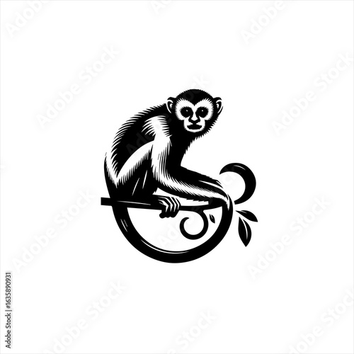 Stylized black and white monkey sitting on a branch