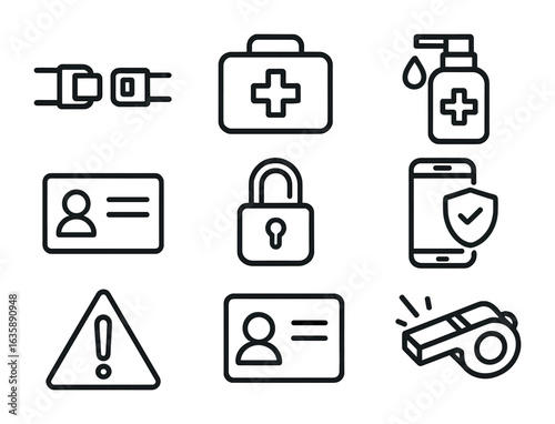 Travel Safety Icons. Outline icon set of travel safety tips: seatbelt icon, first-aid kit, hand sanitizer,