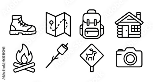 Mountain Adventure Icons. Outline icon set of mountain family getaway: hiking boots, trail map, backpack,