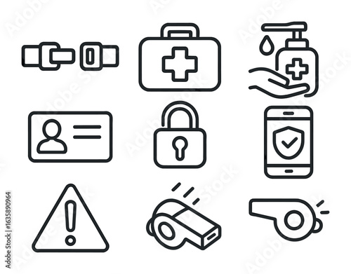 Travel Safety Icons. Outline icon set of travel safety tips: seatbelt icon, first-aid kit, hand sanitizer,