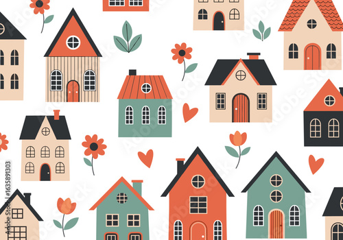 Charming scandinavian village houses and flowers seamless pattern