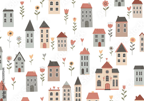 Charming village houses and flowers seamless pattern whimsical european architecture repeating design