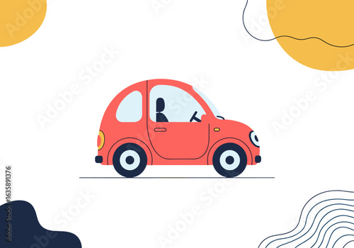 Cute red car driving through abstract shapes with wavy lines