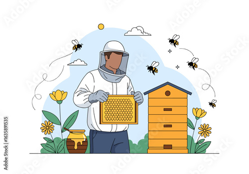  Beekeeper in protective gear holding honeycomb near beehive and flying bees