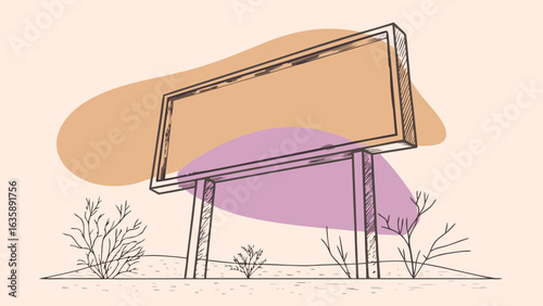 An empty billboard stands in a barren landscape, surrounded by sparse vegetation.