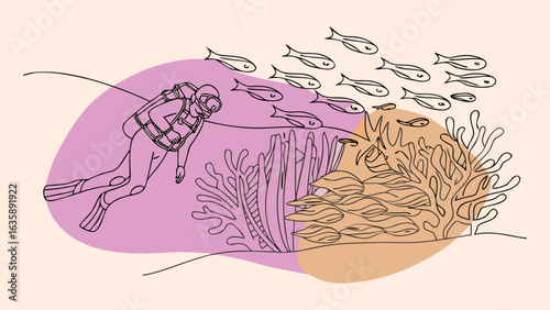 A diver exploring an underwater scene filled with colorful corals and schools of fish.