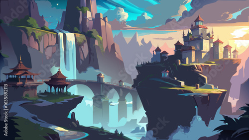 A vibrant fantasy landscape featuring a majestic castle atop cliffs, with waterfalls cascading into a serene river.