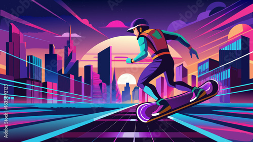 A futuristic male skater in vibrant attire rides a hoverboard through a neon-lit cityscape at sunset.