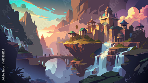 A stunning fantasy landscape featuring majestic waterfalls and an ancient castle at sunset.
