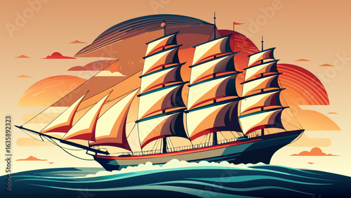 A majestic sailing ship glides through vibrant waves at sunset, showcasing its tall sails against a colorful sky.