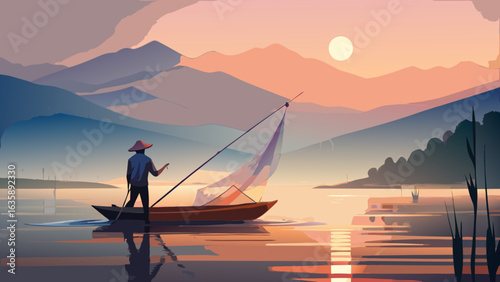 A serene sunset view of a male fisherman in a traditional boat, surrounded by tranquil waters and majestic mountains.