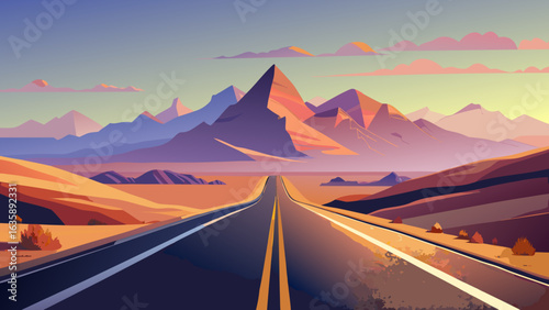 A scenic desert road stretches towards majestic mountains at sunset.