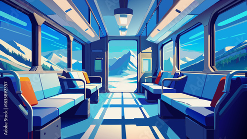 Sunlit interior of a train carriage with panoramic mountain views, exuding tranquility and adventure.