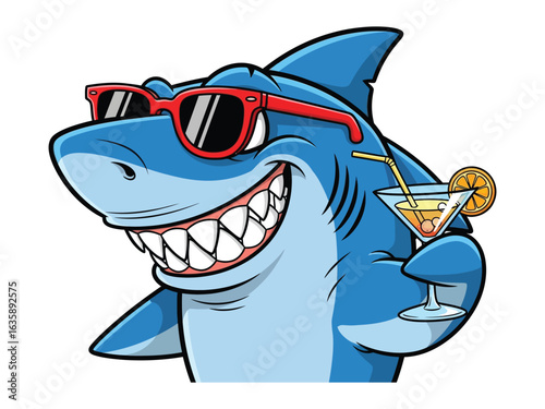 Smiling Shark: A cheerful shark with sunglasses and a refreshing cocktail in hand, ready for fun in the sun.