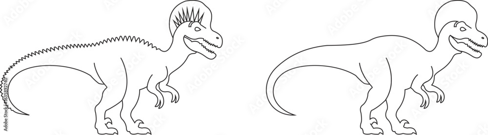 Obraz premium Dinosaur icon set, black vector collection of prehistoric reptile group in line style T-Rex raptor cartoon dino ancient animal silhouette and outline fossil isolated on transparent background