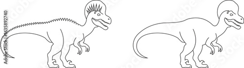 Dinosaur icon set, black vector collection of prehistoric reptile group in line style T-Rex raptor cartoon dino ancient animal silhouette and outline fossil isolated on transparent background