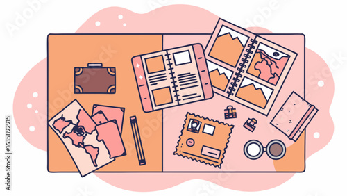 Flat lay illustration of travel essentials including maps, a journal, and sunglasses, set against a soft pink background.