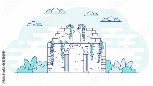 A whimsical illustration of an ancient ruins with lush greenery and a serene sky.