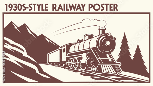 A vintage-inspired 1930s railway design featuring a classic steam locomotive against a mountainous backdrop.