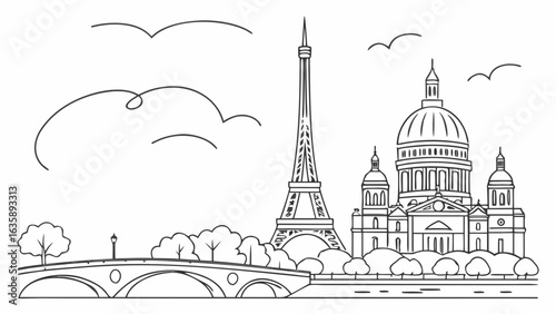 A detailed line art illustration featuring iconic landmarks: the Eiffel Tower and a grand cathedral.