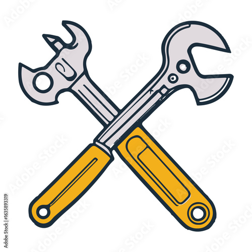 Crossed wrenches icon. Hand-drawn spanner and adjustable wrench for repair and maintenance service. Vector cartoon illustration isolated on white.
