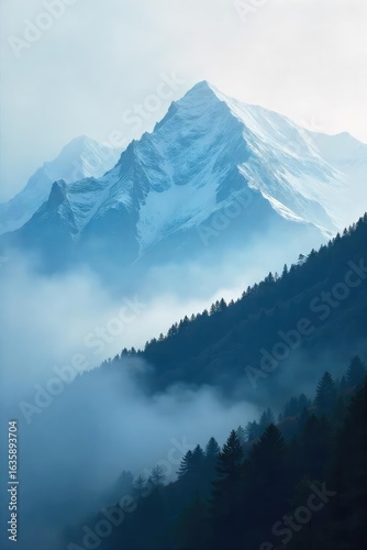 Misty mountain range shrouded in ethereal smoke, creating a dramatic and mysterious landscape Perfect for travel, adventure, and nature themes , mysterious, shadow