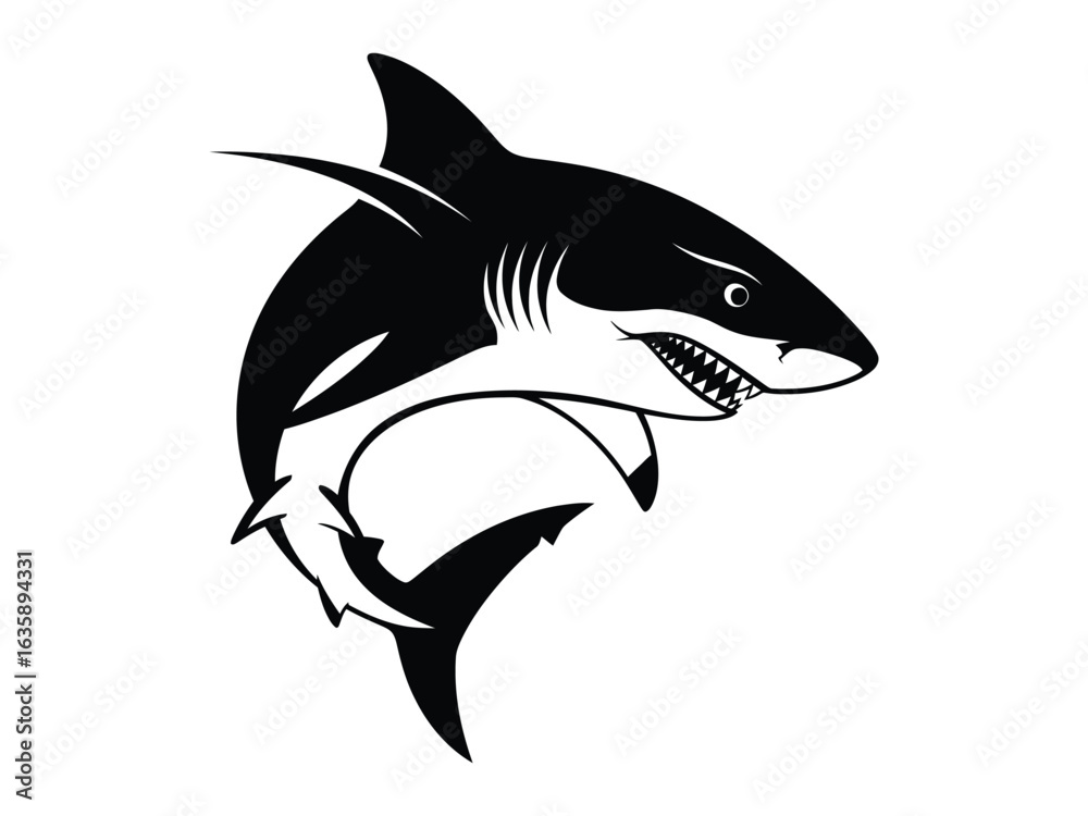 Fototapeta premium Majestic Shark Silhouette: A striking monochrome graphic of a shark in mid-leap, capturing the raw power and predatory nature of this ocean predator, with a sense of speed and agility.