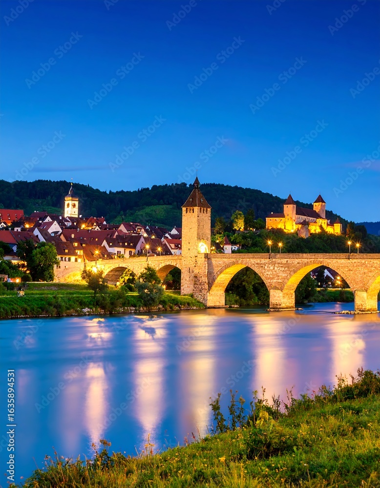 Obraz premium European town at dusk, with bridge over river