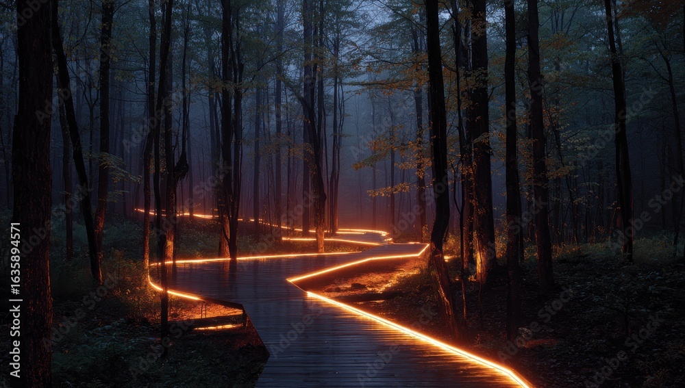 Fototapeta premium Misty forest path, glowing orange (1)