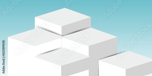 White geometric podium product with sky background, 3d white pedestal for product display or presentation, 4 blocks stage with sky backdrop, vector illustration EPS10.