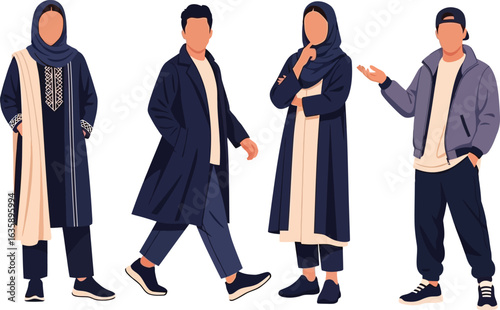 Four stylized figures showcasing diverse modern modest fashion, including hijabs and contemporary clothing.