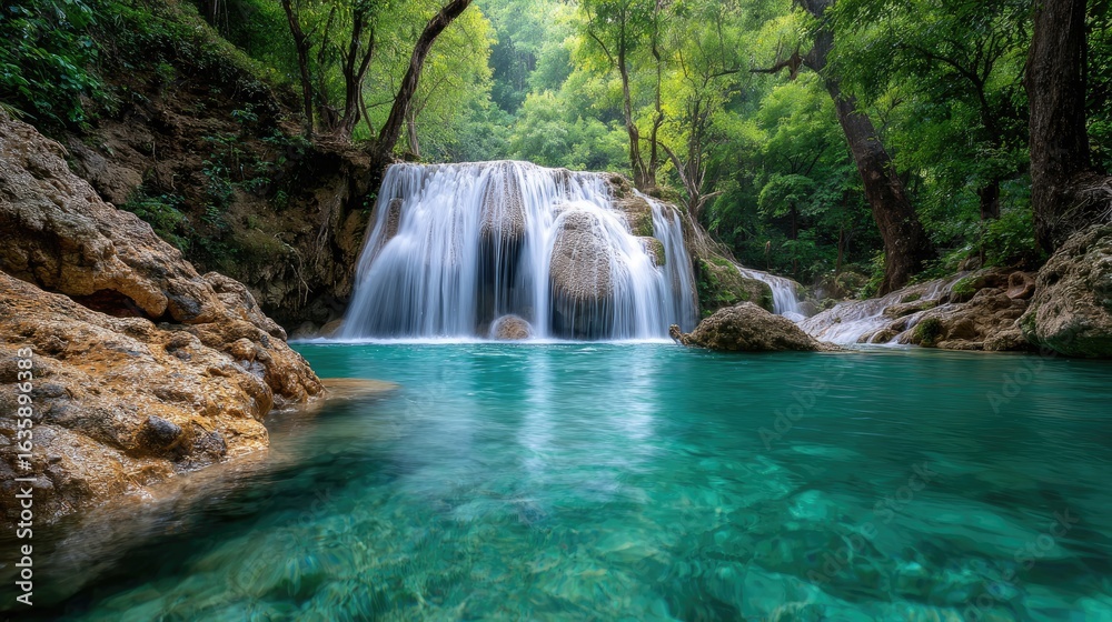 Naklejka premium Lush waterfall cascading into a tranquil turquoise pool.